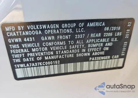2019 Volkswagen Passat Wolfsburg z USA, uszkodzony, nr VIN 1VWLA7A37KC000152